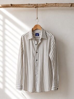 Men’s W Striped Cream Long-Sleeve Dress Shirt
